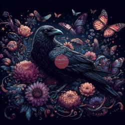 "Rabe mit Blumen und Schmetterling" Kunstleder 40x40cm